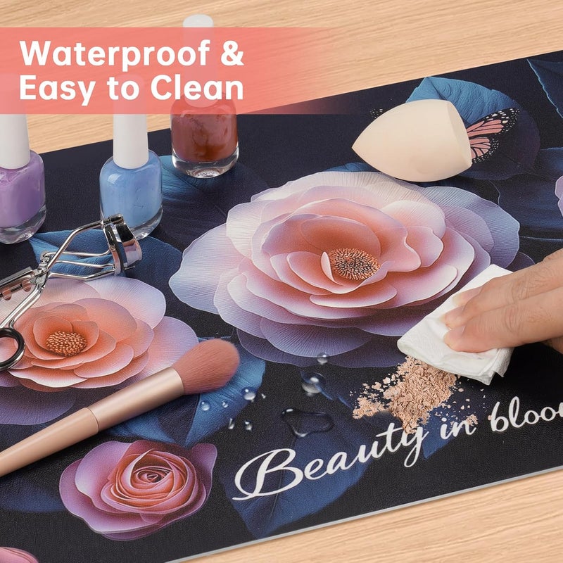 Aphlos Dual-Sided Synthetic Leather Decorative Makeup Mat for Crafting, Furniture Protection, Scratch & Stain Resistant Surface Desk Pad, Waterproof Easy to Clean Vanity Protector (Pink Camellia) - Image 3